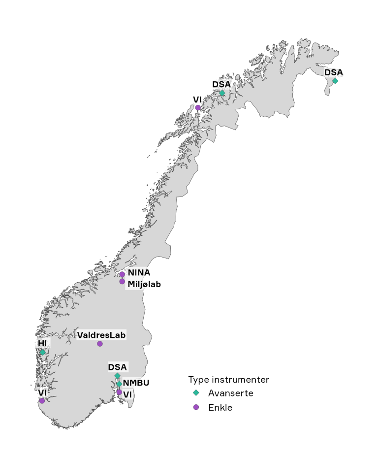 Kart over Norge som viser plassering av laboratoriene.