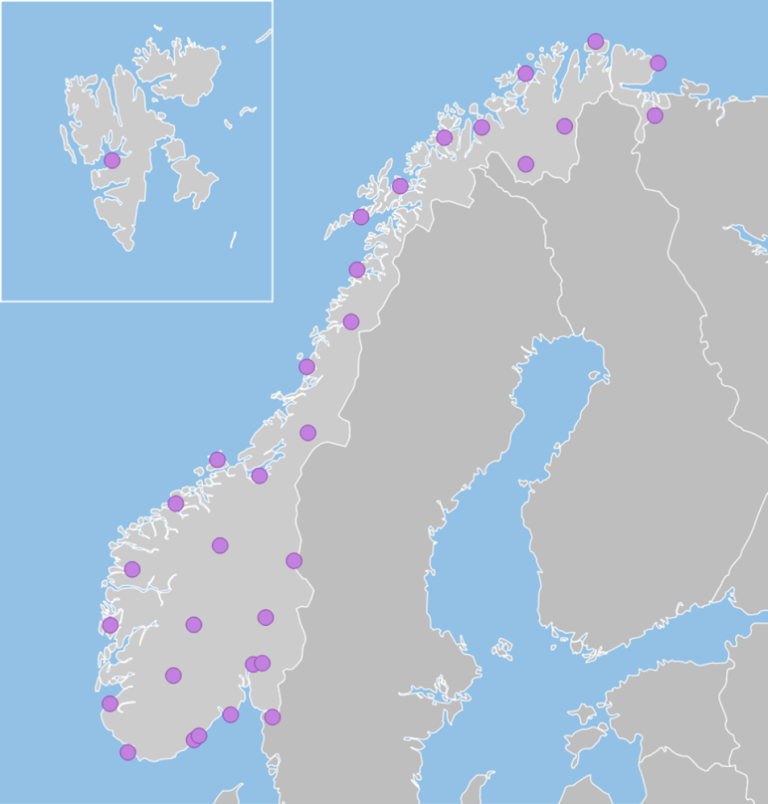 Kart som viser plassering av Radnett-stasjoner over hele Norge, samt en i Longyearbyen på Svalbard. Totalt er det 33 stasjoner.