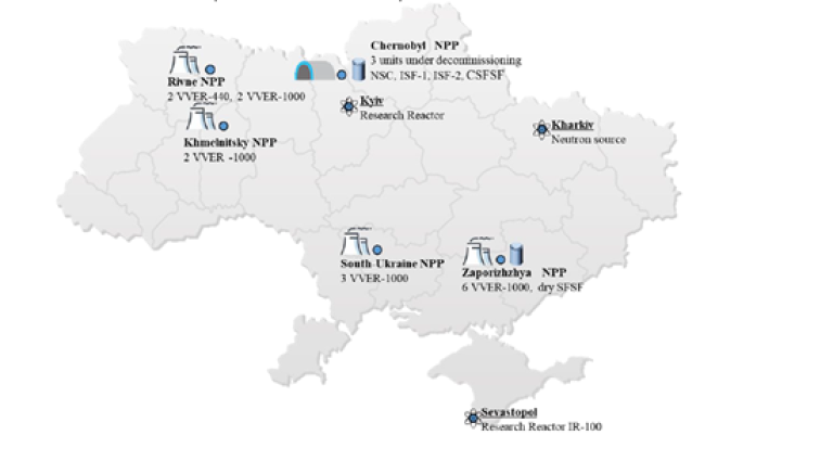 Kart over Ukraina med angivelse av reaktorer.