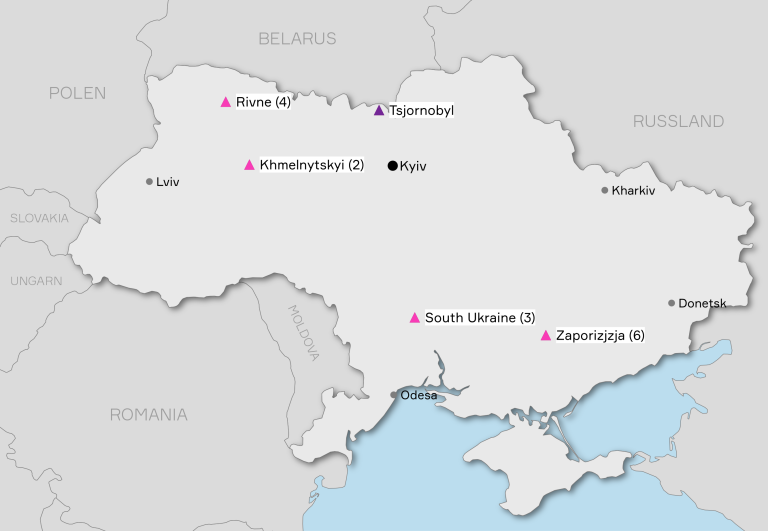 kart som viser plassering av kjernekraftverkene i Ukraina